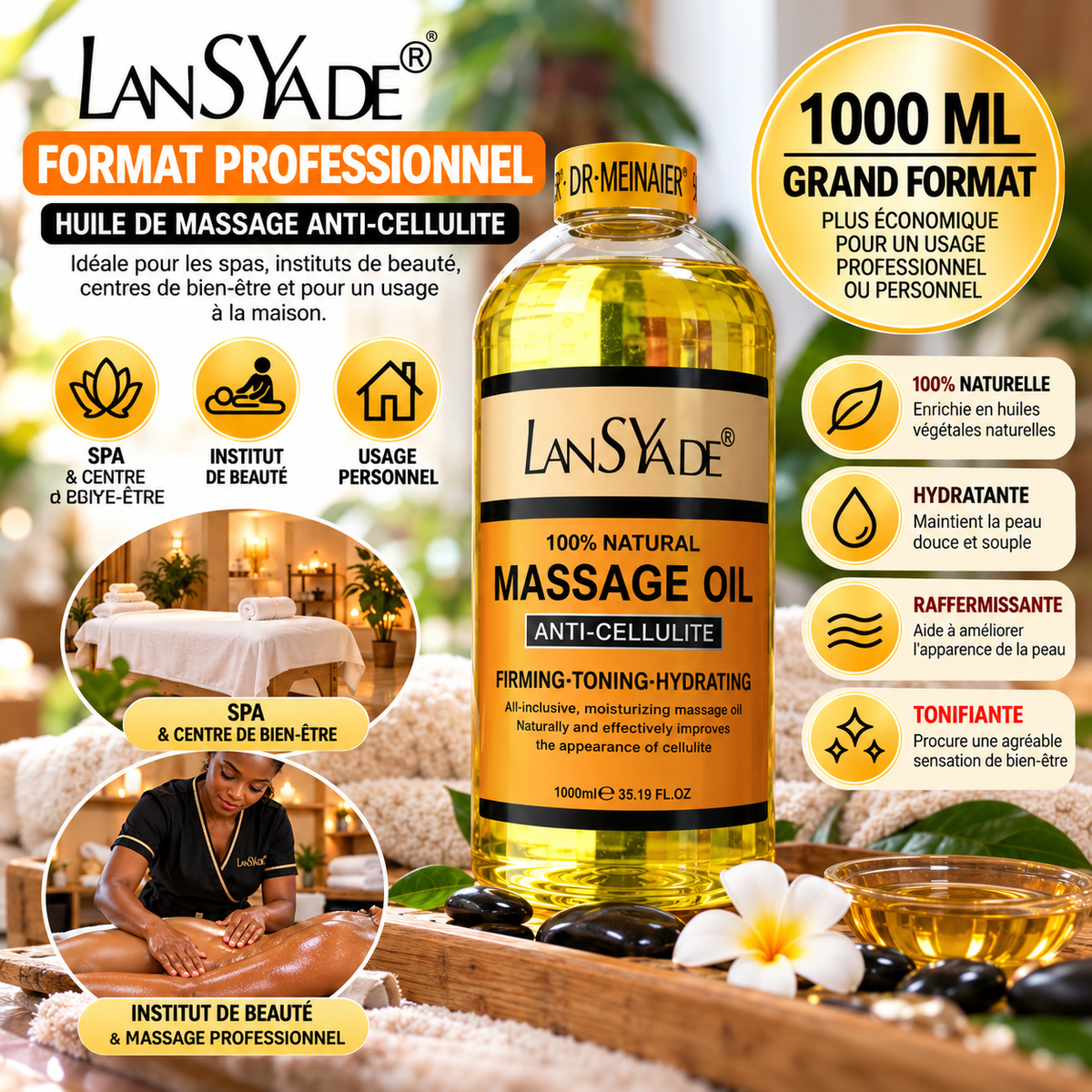 LANSYADE Huile de Massage Corps Anti-Cellulite 1000 ml – Raffermissante & Hydratante