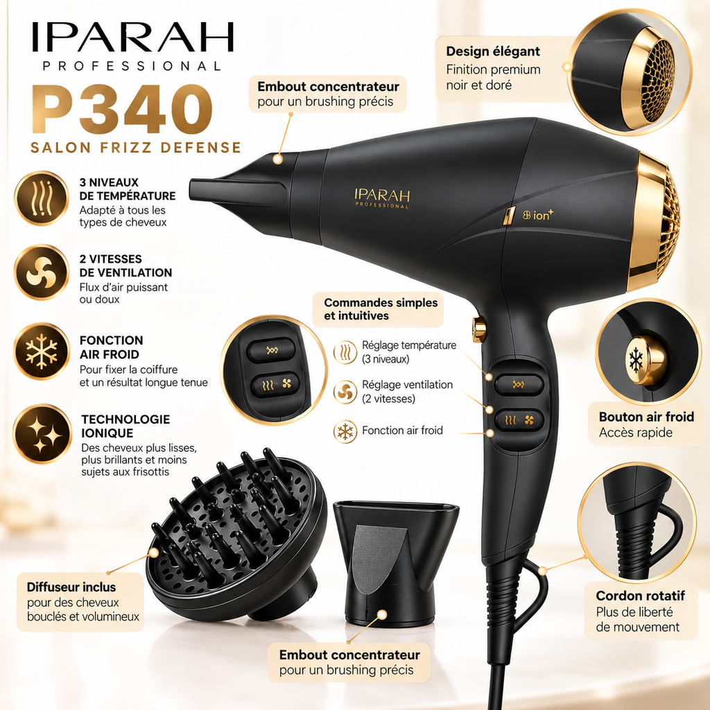 Sèche-Cheveux Professionnel IPARAH P340 – 2400W, Moteur AC, Ionique, 2 Vitesses, 3 Températures & Air Froid