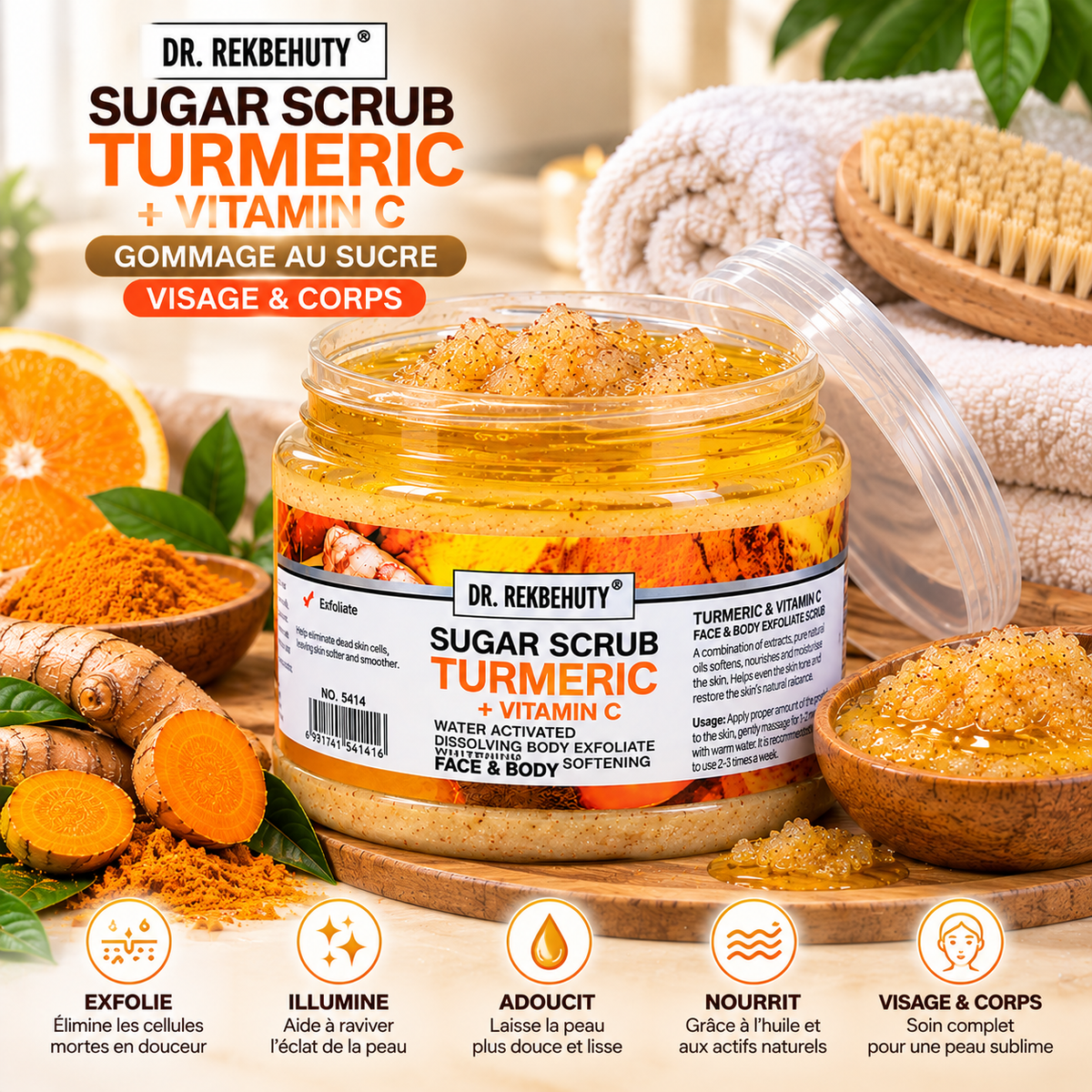 DR. REKBEHUTY Gommage au Sucre Curcuma & Vitamine C – Visage & Corps