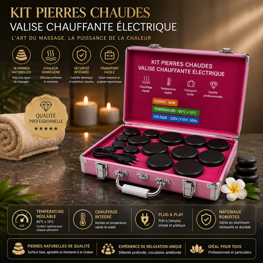 Kit de 16 Pierres Chaudes avec Valise Chauffante Électrique – Massage Spa