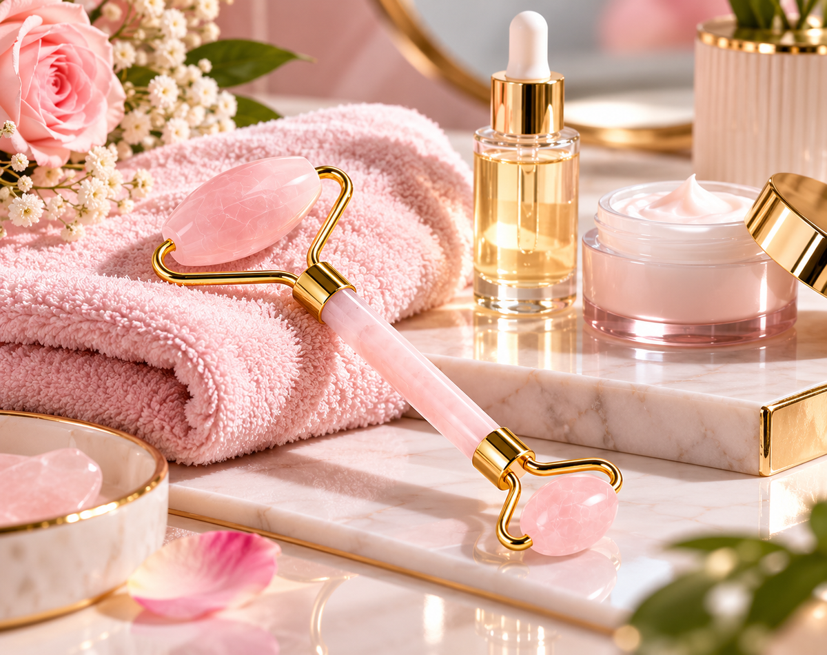 Roller Visage Double Embout en Quartz Rose – Rouleau de Massage Facial