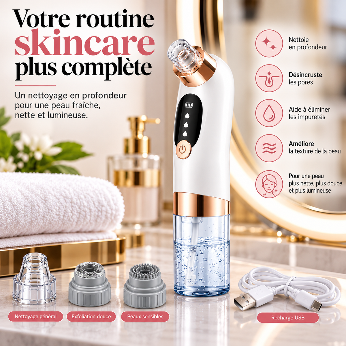 Appareil Nettoyant Visage à Microbulles – Aspirateur de Pores et Points Noirs Rechargeable USB