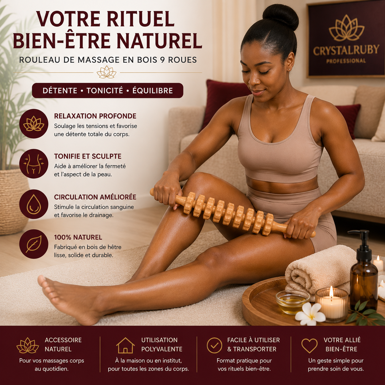 Rouleau de Massage en Bois 9 Roues – Madérothérapie Corps