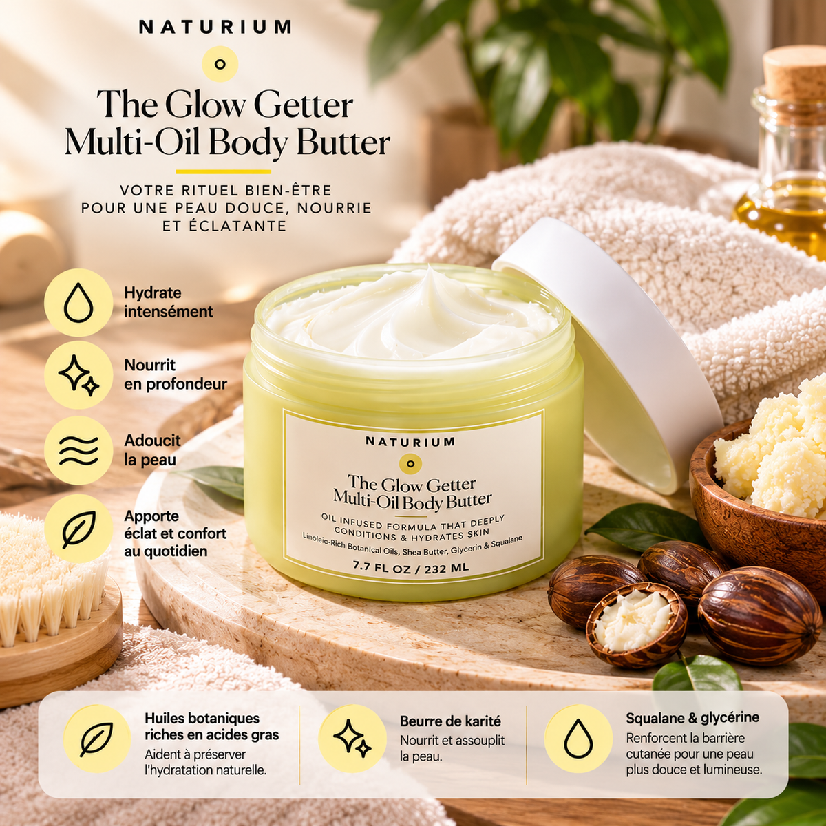 NATURIUM The Glow Getter Multi-Oil Body Butter – Beurre Corporel Nourrissant & Hydratant aux Huiles Végétales – 232 ml
