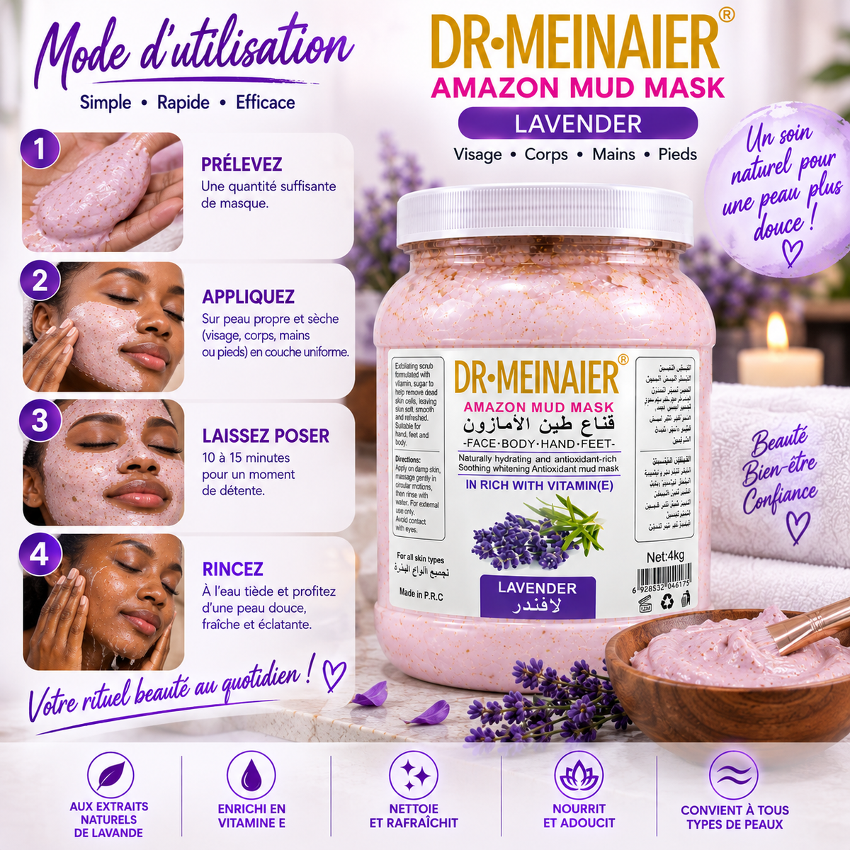 DR.MEINAIER Amazon Mud Mask Lavande & Vitamine E 4 kg – Masque Visage, Corps, Mains & Pieds