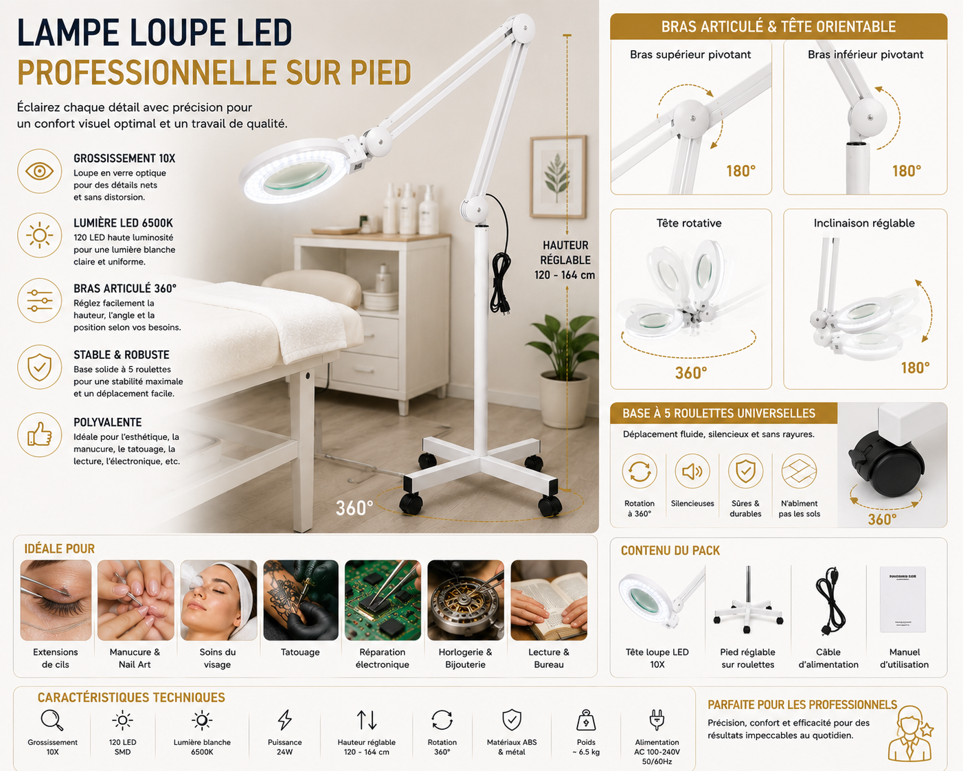 Lampe Loupe LED Professionnelle sur Pied à Roulettes – Grossissement jusqu’à 10X pour Esthétique et Soins