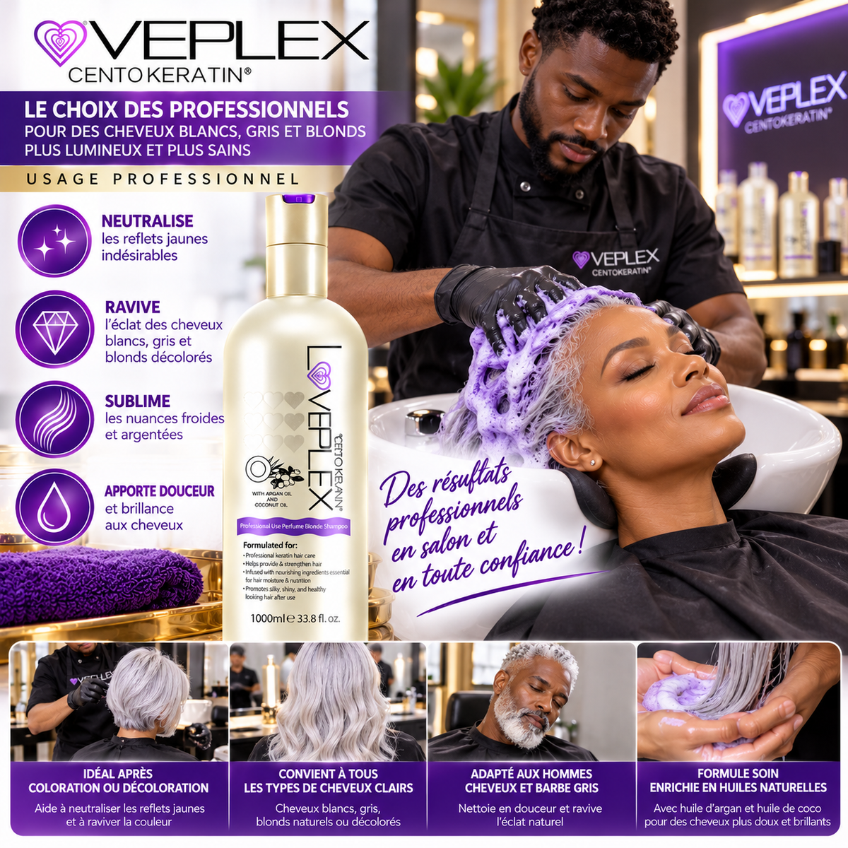 VEPLEX Pro Keratin – Shampooing Violet Déjaunisseur Professionnel – 1000 ml