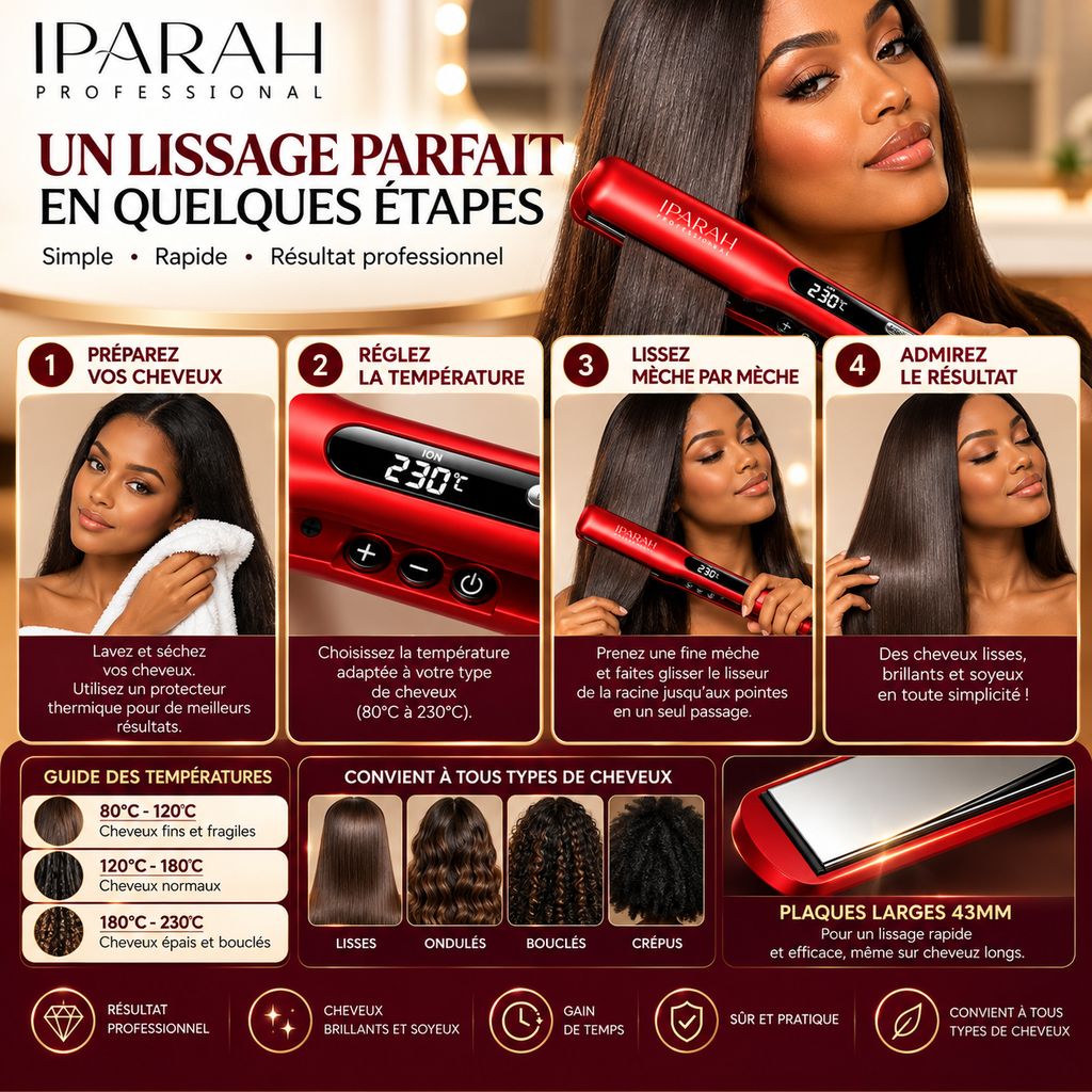 IPARAH Nano Titanium P-108 – Lisseur Professionnel à Plaques Larges 43 mm avec Écran Digital – Rouge