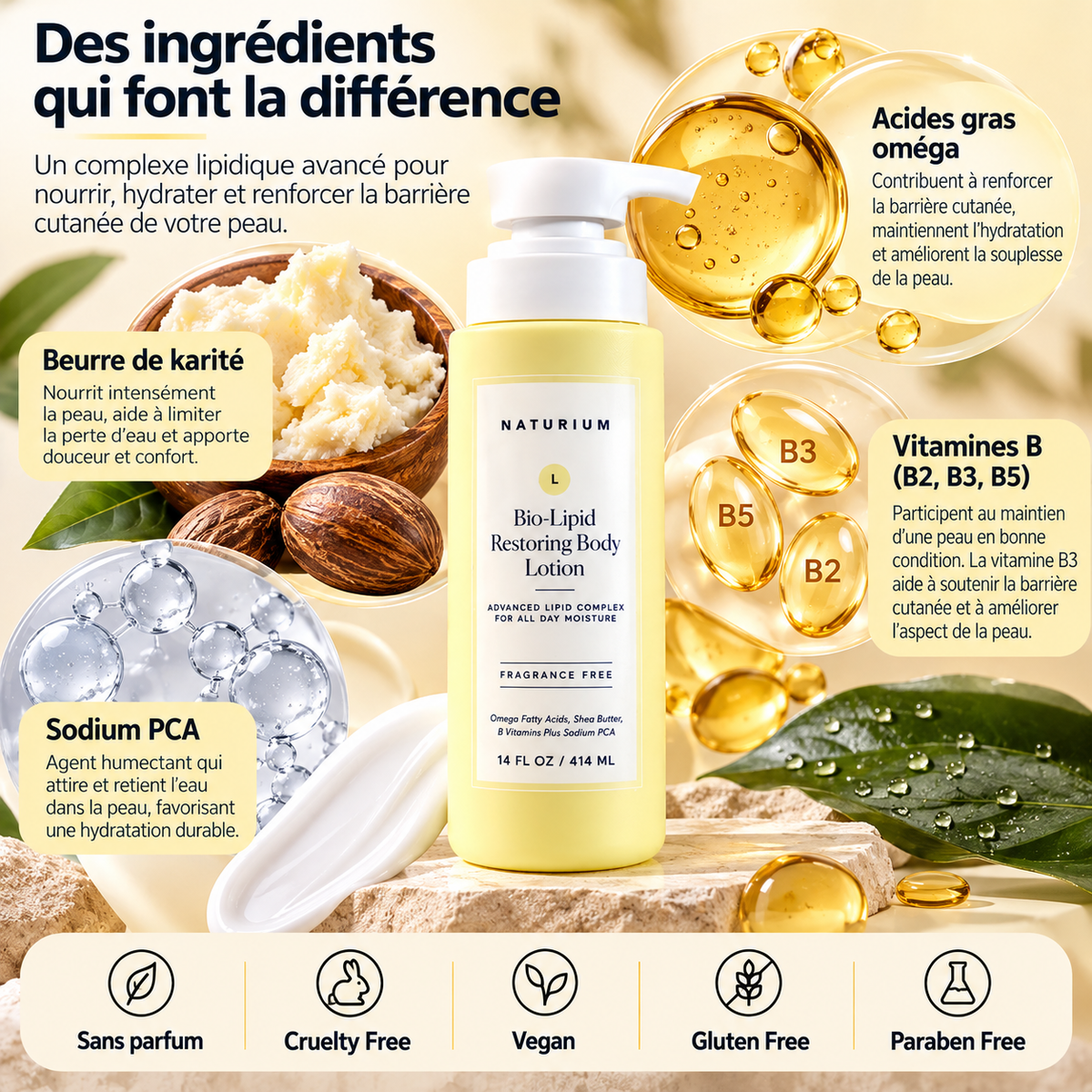 NATURIUM Bio-Lipid Restoring Body Lotion – Lait Corps Relipidant & Hydratant Sans Parfum – 414 ml
