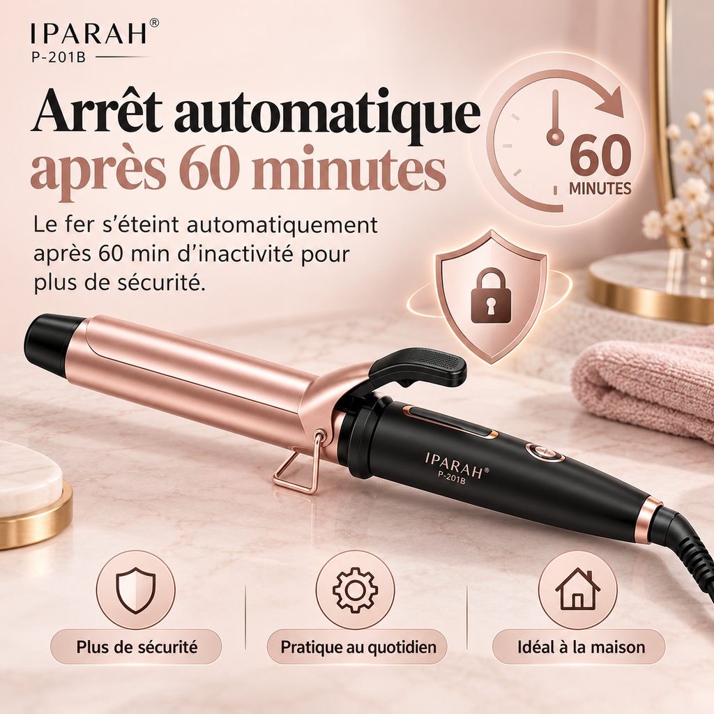 IPARAH P-201 – Fer à Boucler Professionnel Ionique 25 mm – Boucleur en Céramique, Chauffe Rapide PTC, 3 Températures Réglables – Rose Gold & Noir