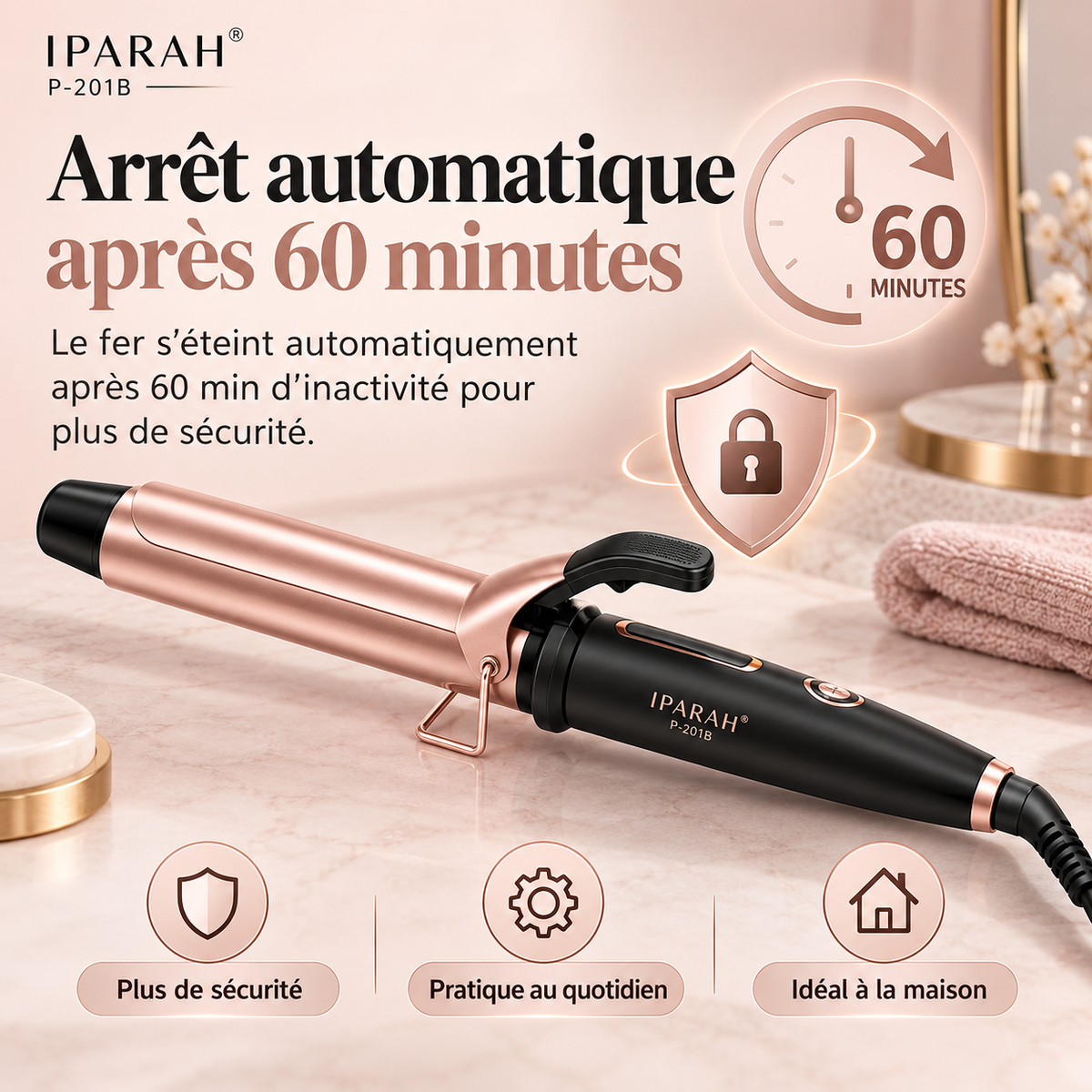 IPARAH P-201 – Fer à Boucler Professionnel Ionique 25 mm – Boucleur en Céramique, Chauffe Rapide PTC, 3 Températures Réglables – Rose Gold & Noir