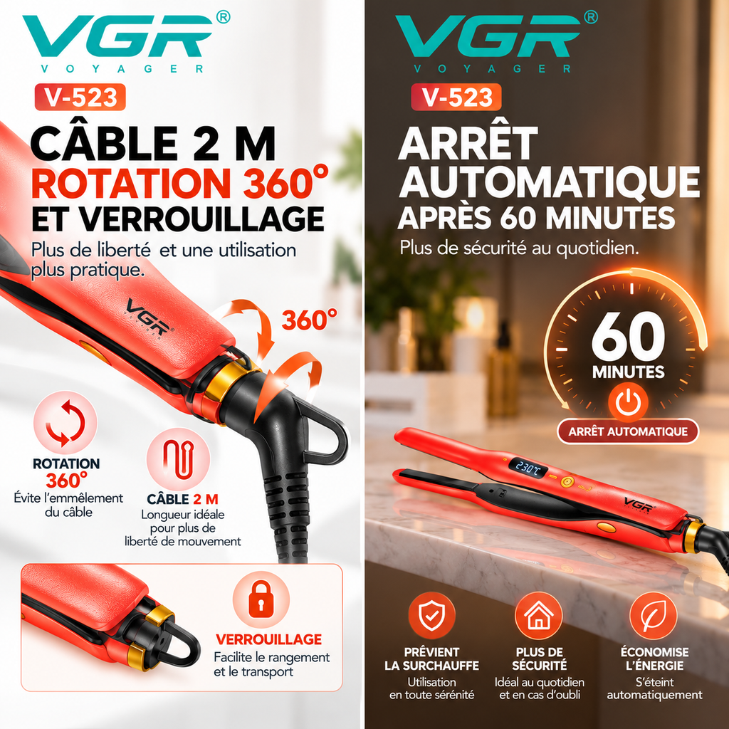 VGR V-523 – Lisseur Professionnel Céramique à Plaques Fines 9 mm, Température Réglable 120–230 °C, Écran LED – Rose Gold