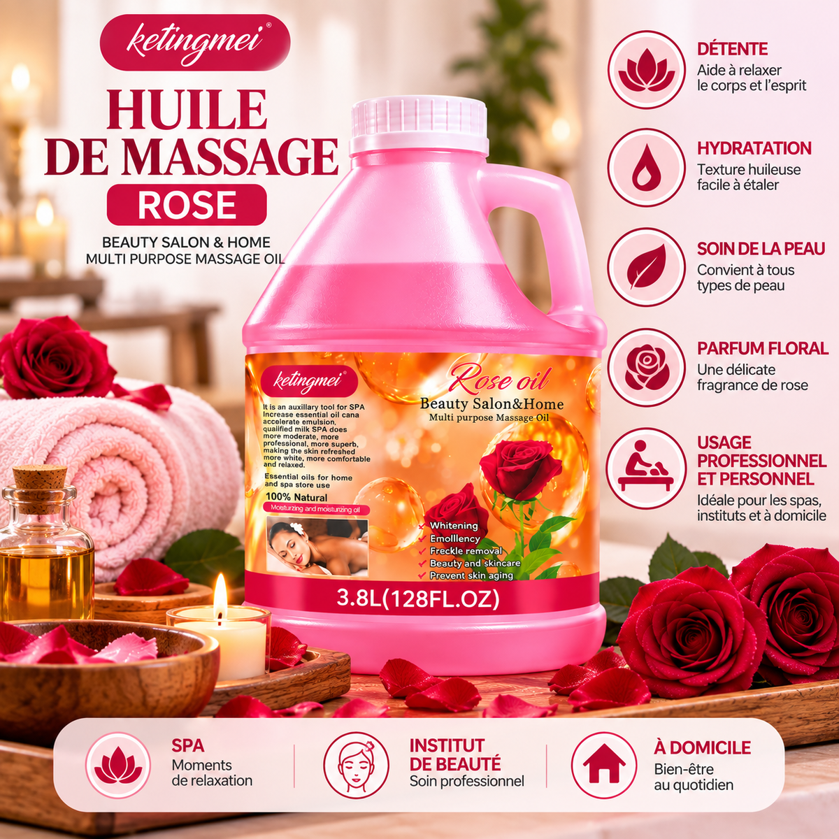 Ketingmei Huile de Massage Corps à la Rose – Grand Format Professionnel 3,8 L