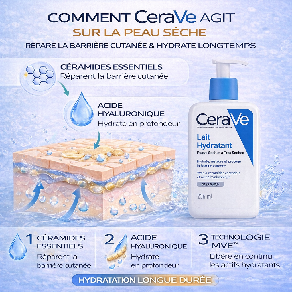 CeraVe Lait Hydratant Peaux Sèches à Très Sèches – Hydratation Longue Durée – Visage & Corps 236ml