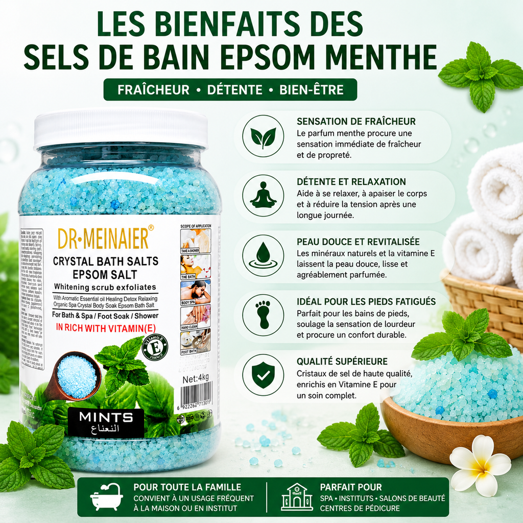 Sels De Bain Epsom Menthe 4KG – Bain Relaxant Rafraîchissant Corps, Mains & Pieds
