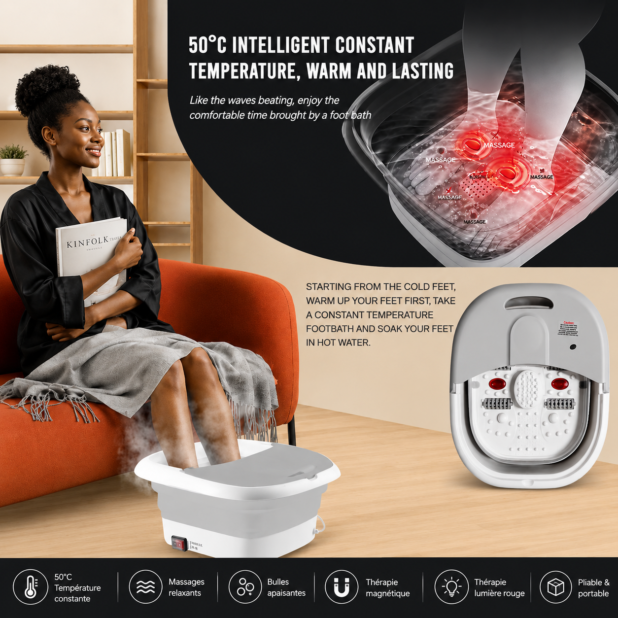 Bain de Pied Pliable Multifonction Chauffant – Massage & Relaxation SPA à Domicile (Rose / Gris)
