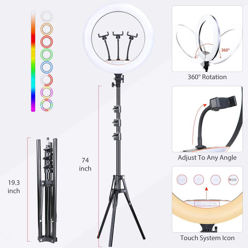 Ring light Arc en Ciel avec Trépied - Anneau Lumineux LED pour Vidéo Maquillage Youtube Tiktok Photo - Avec 3 Supports téléphone -  18 Pouces