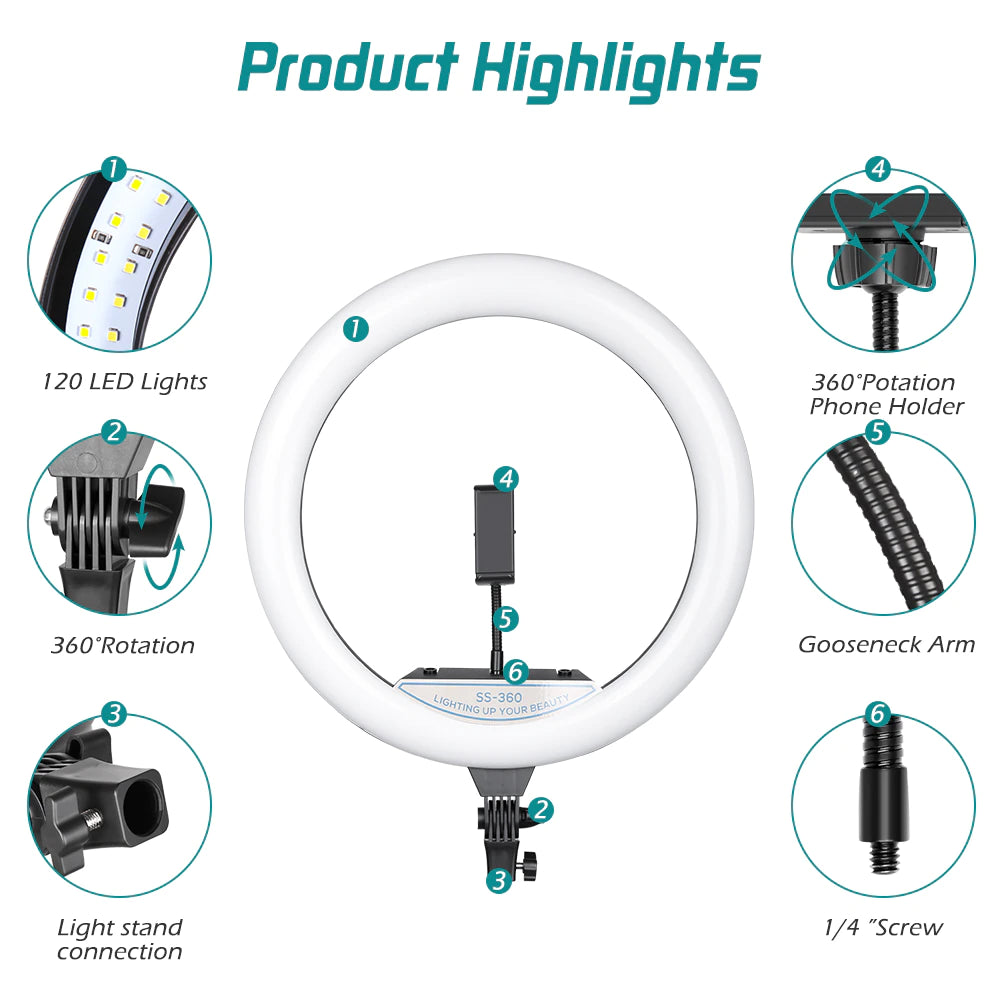 Ring light Arc en Ciel avec Trépied & 3 Supports - Anneau Lumineux LED pour Vidéo Maquillage Youtube Tiktok Photo- 14 Pouces