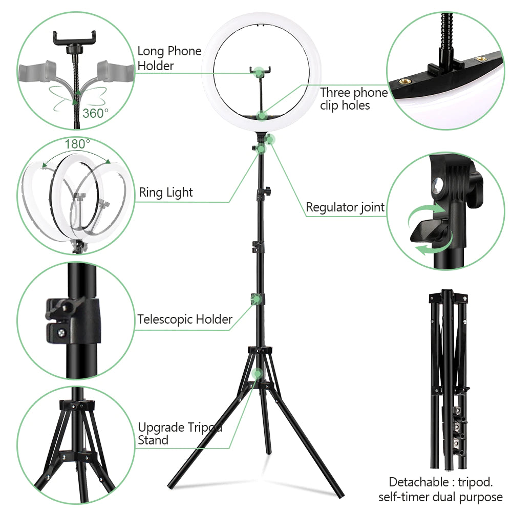 Ring light Arc en Ciel avec Trépied & 3 Supports de téléphone- Anneau Lumineux LED pour Vidéo Maquillage Youtube Tiktok Photo- 16 Pouces