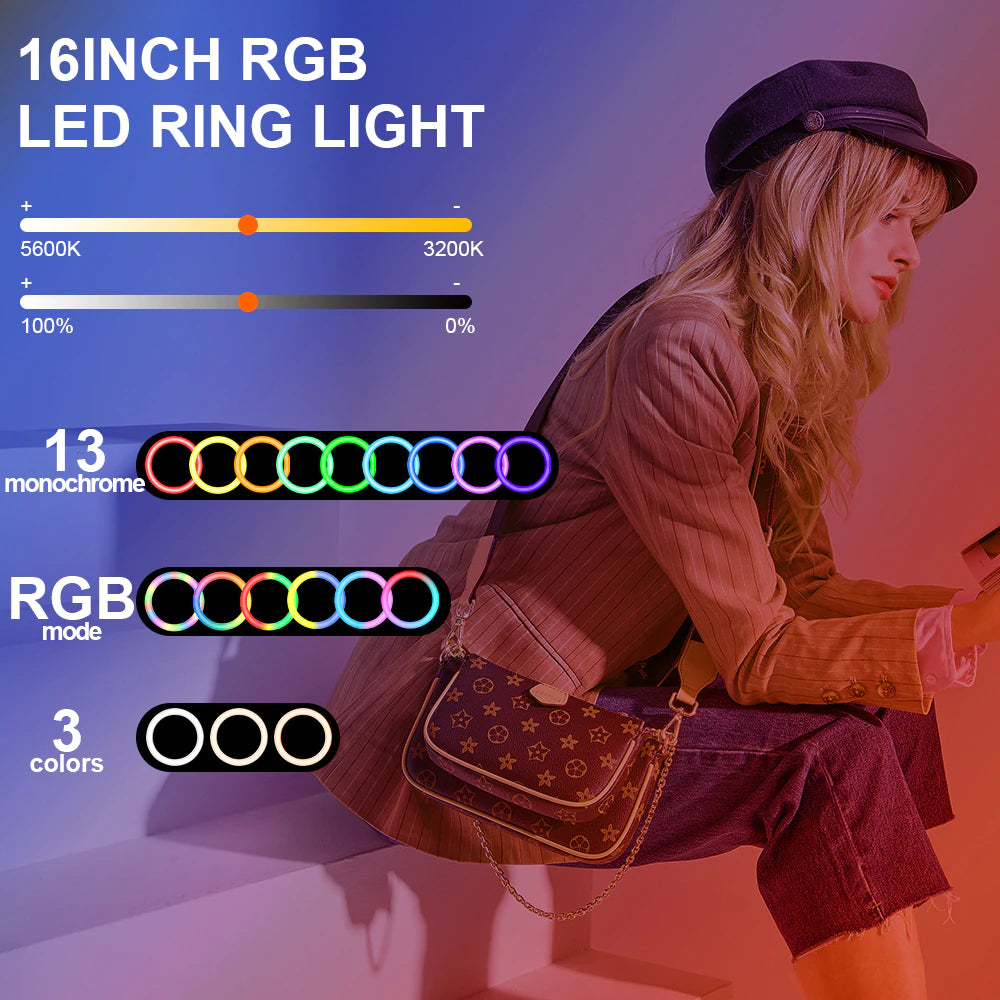 Ring light Arc en Ciel avec Trépied & 3 Supports de téléphone- Anneau Lumineux LED pour Vidéo Maquillage Youtube Tiktok Photo- 16 Pouces