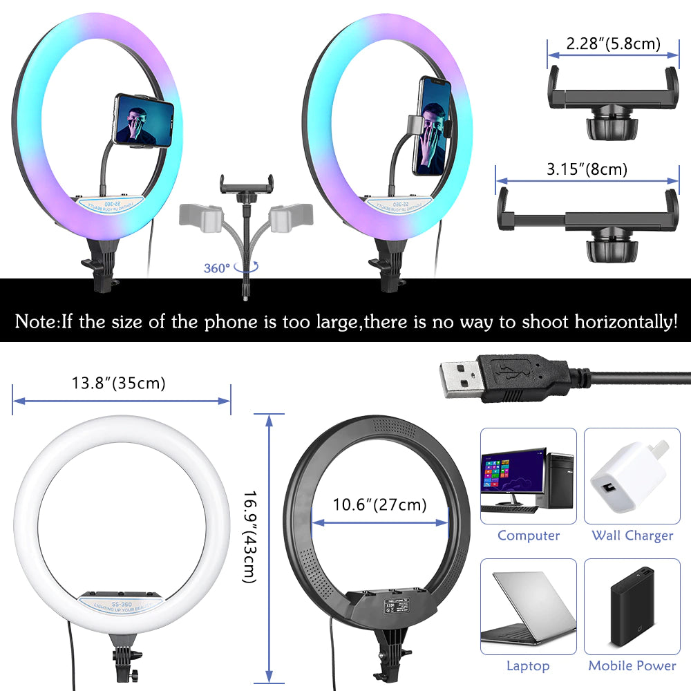 Ring light Arc en Ciel avec Trépied & 3 Supports - Anneau Lumineux LED pour Vidéo Maquillage Youtube Tiktok Photo- 14 Pouces