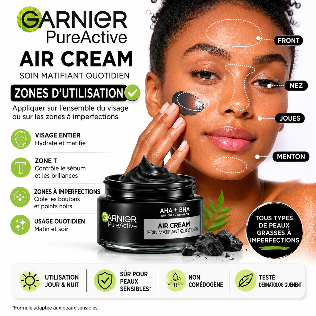 Garnier Pure Active Air Cream – Soin Matifiant Quotidien 3-en-1 AHA + BHA Enrichi En Charbon