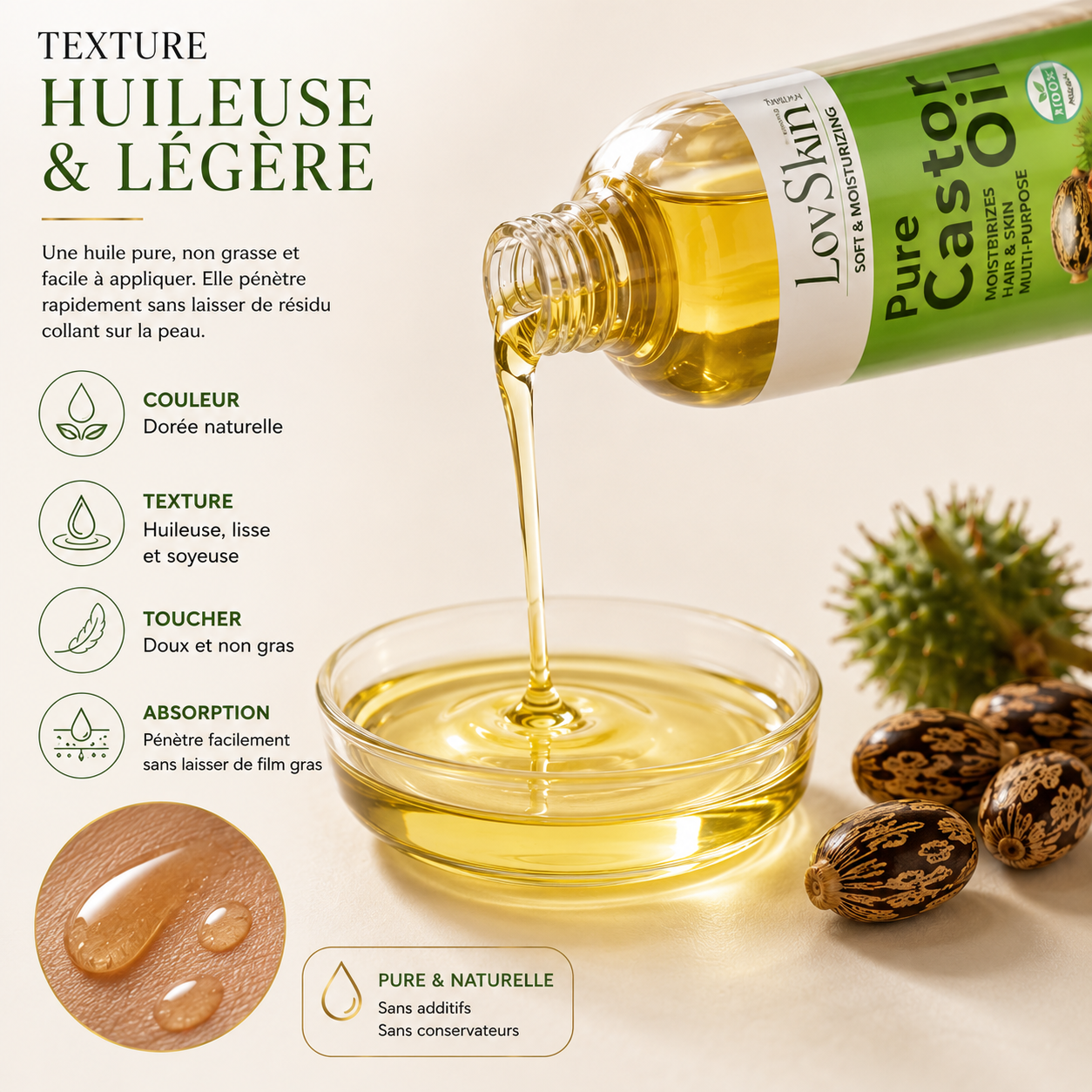 Huile De Ricin Pure LovSkin 500 ml – Huile De Massage Professionnelle Multi-Usages