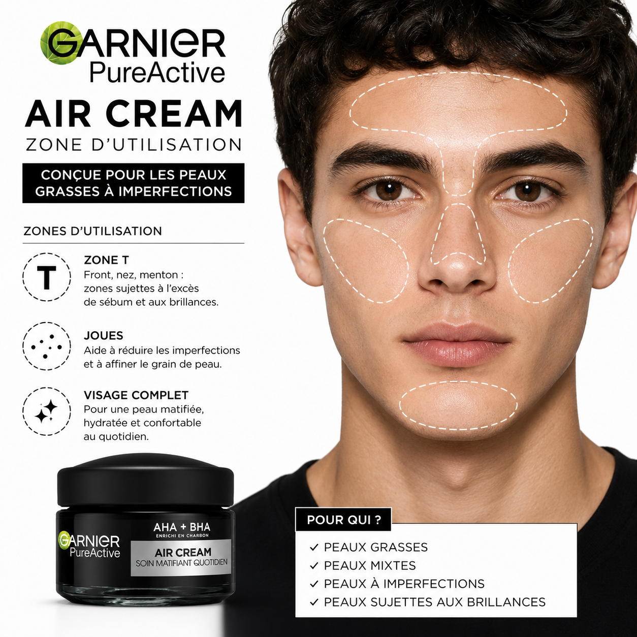 Garnier Pure Active Air Cream – Soin Matifiant Quotidien 3-en-1 AHA + BHA Enrichi En Charbon