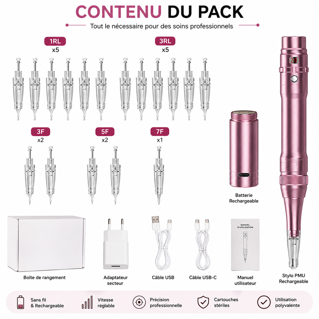 Stylo Dermographe PMU Professionnel Sans Fil Rechargeable – Microneedling, Sourcils, Lèvres & Maquillage Permanent