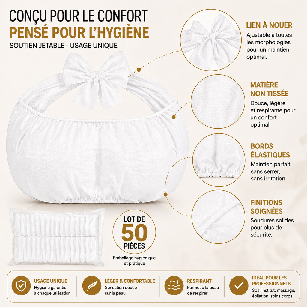Lot de 50 Soutiens-Gorge Jetables Blancs – Non Tissé, Usage Unique, Spa & Institut Beauté