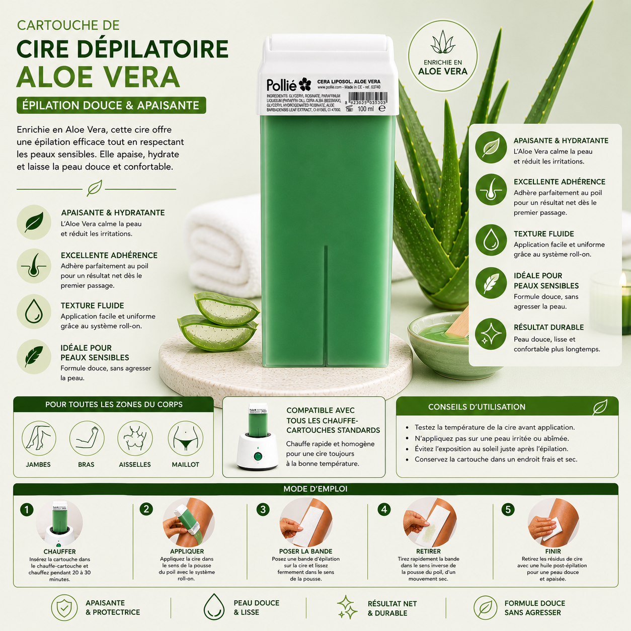 Cartouche de Cire Dépilatoire Aloe Vera 100ml – Épilation Douce & Apaisante (Roll-On Professionnel)