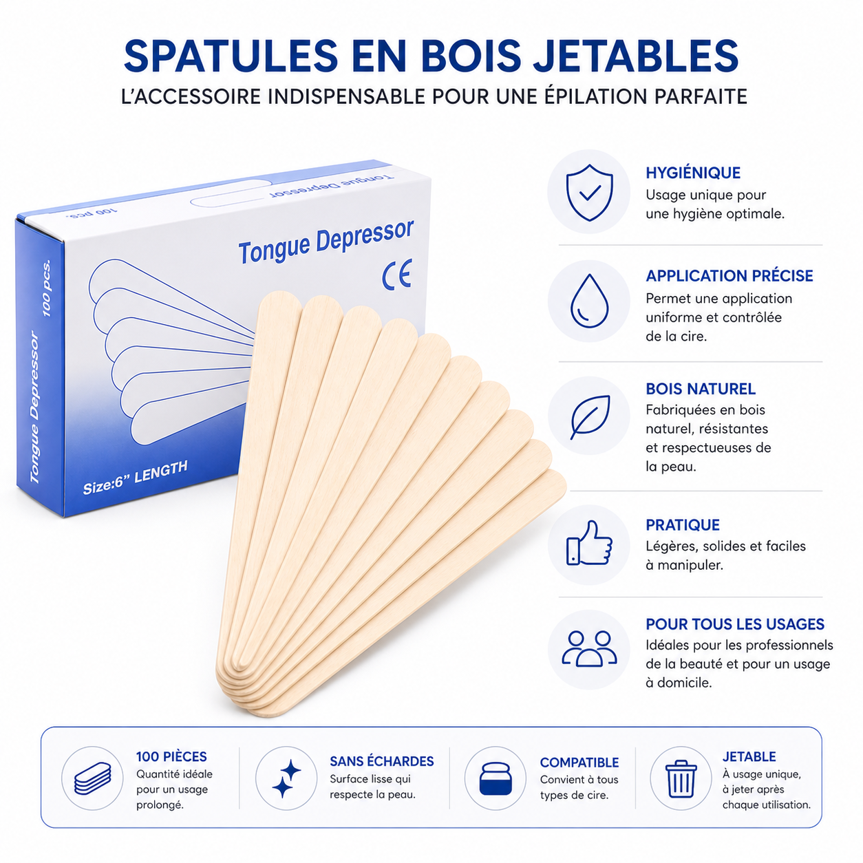 Spatules en Bois Jetables pour Épilation – 100 Pièces | Bâtonnets de Cire Professionnels