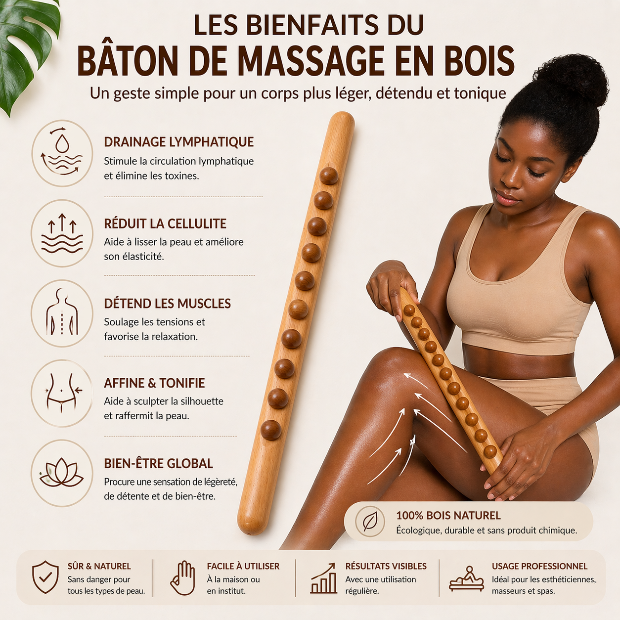 Bâton de Massage en Bois Thérapie – Rouleau Manuel Drainage Lymphatique & Anti-Tensions – Outil Maderothérapie Corps