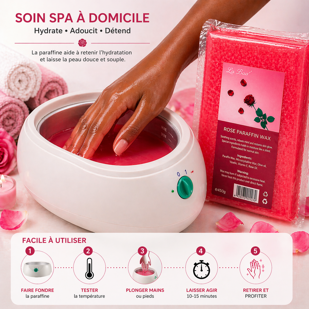 Paraffine WAX Cosmétique Rose 450g – Soin Hydratant Mains & Pieds Spa