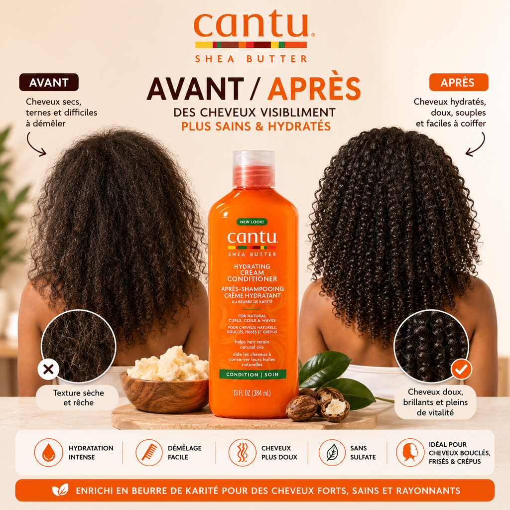 Cantu Shea Butter Hydrating Cream Conditioner – Après-Shampooing Hydratant Sans Sulfate Pour Cheveux Bouclés, Frisés & Crépus