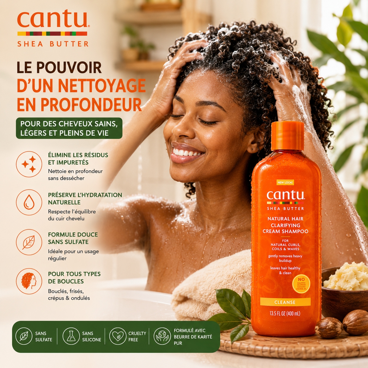 Cantu Shea Butter Natural Hair Clarifying Cream Shampoo – Shampooing Clarifiant Hydratant Sans Sulfate Pour Cheveux Bouclés, Frisés & Crépus