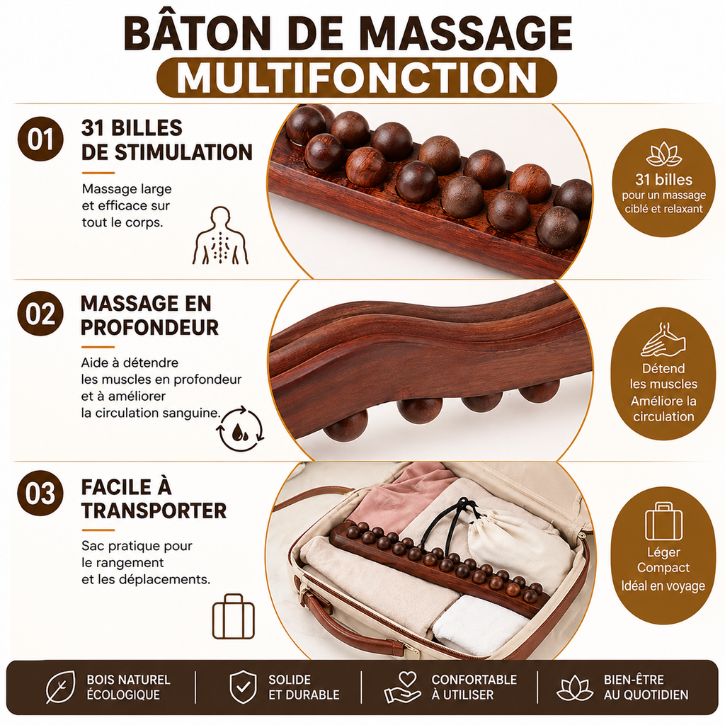 Bâton de Massage en Bois à Billes – Relaxation Musculaire & Anti-Tensions Corps