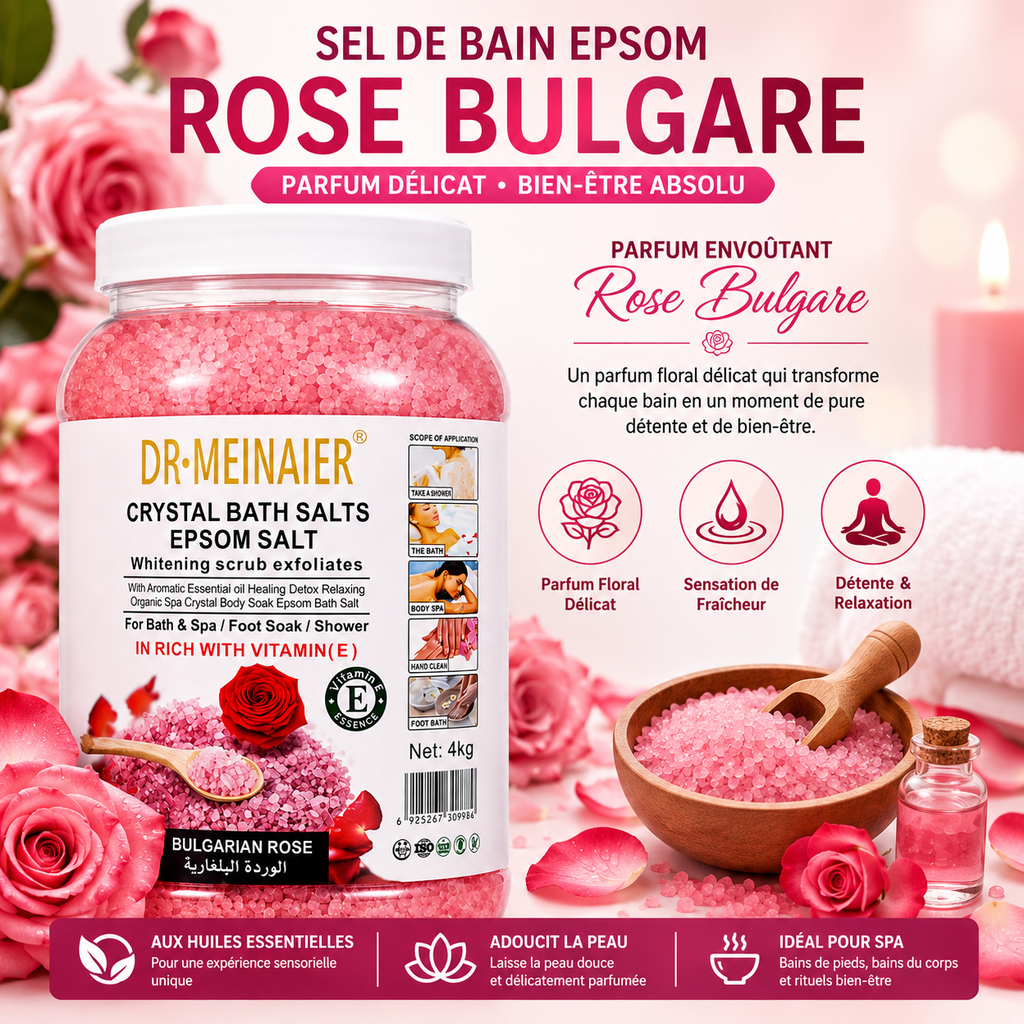 Sel de Bain Epsom Cristallin Rose Bulgare 4Kg – Bain Relaxant Corps, Mains et Pieds SPA Professionnel