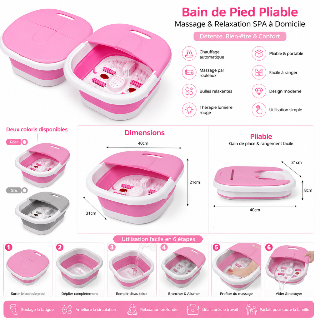 Bain de Pied Pliable Multifonction Chauffant – Massage & Relaxation SPA à Domicile (Rose / Gris)