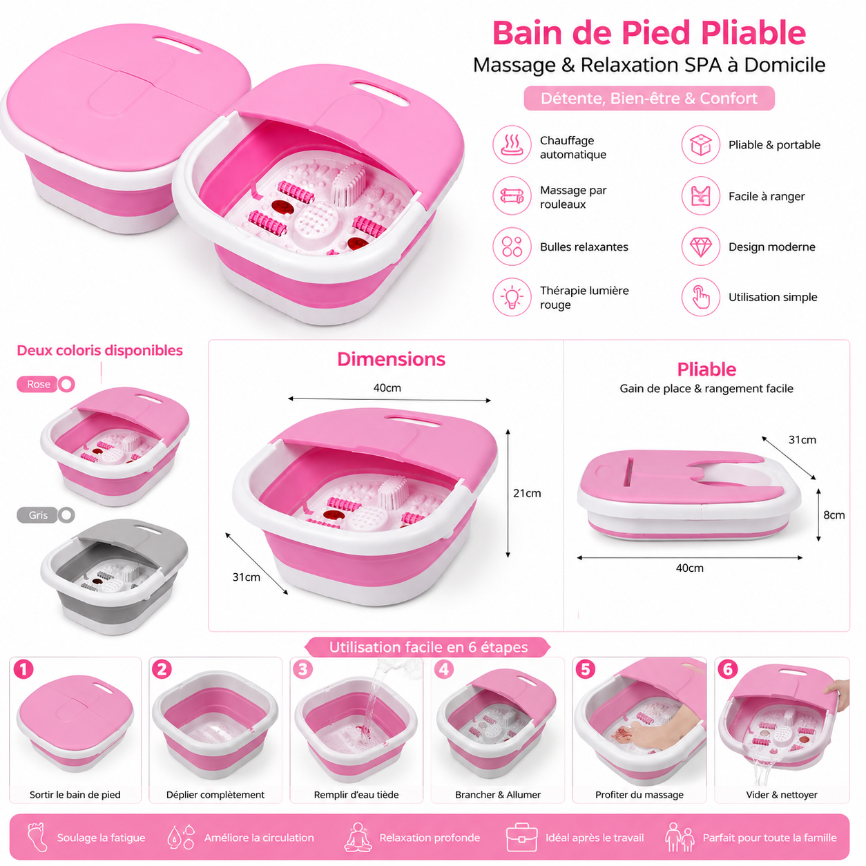 Bain de Pied Pliable Multifonction Chauffant – Massage & Relaxation SPA à Domicile (Rose / Gris)