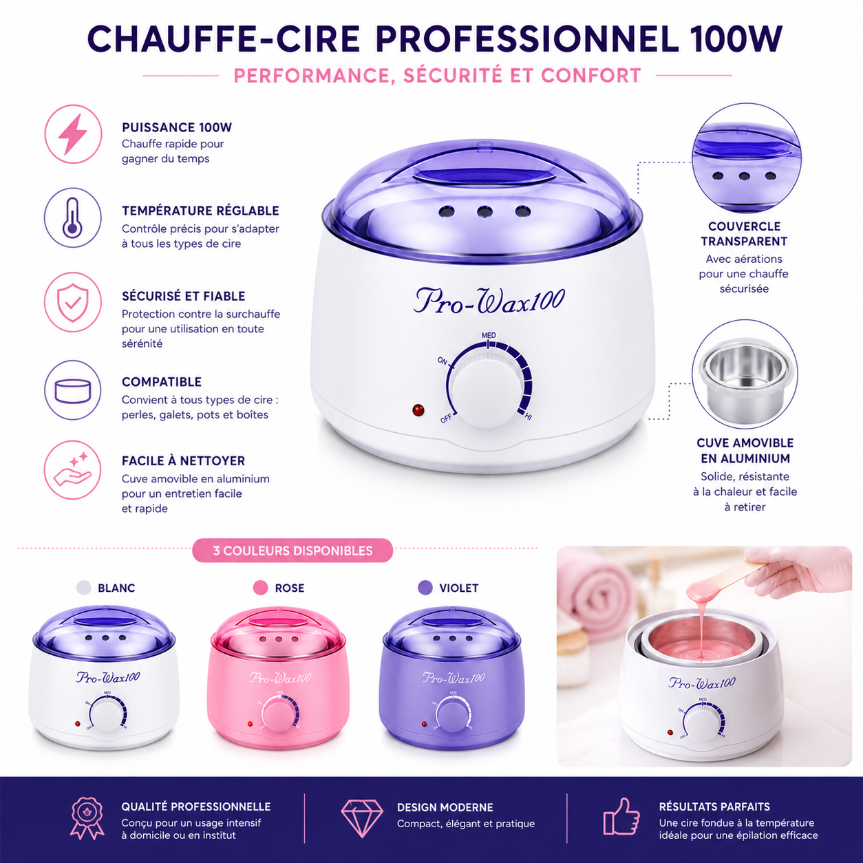 Chauffe-Cire Professionnel 100W – Pot Épilatoire Électrique (Blanc, Rose, Bleu)