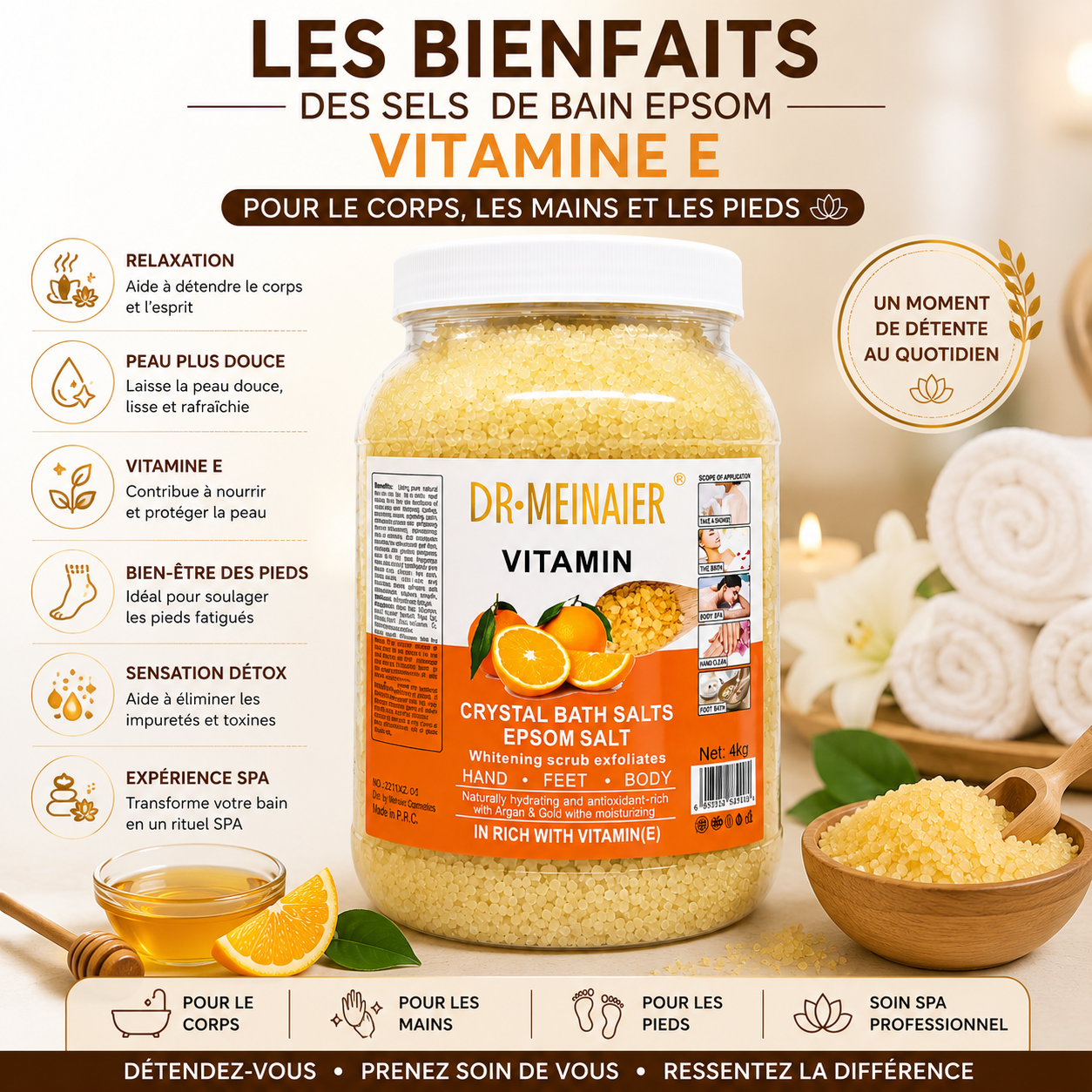 Sels De Bain Epsom Vitamine E 4KG – Bain Relaxant Corps, Mains & Pieds
