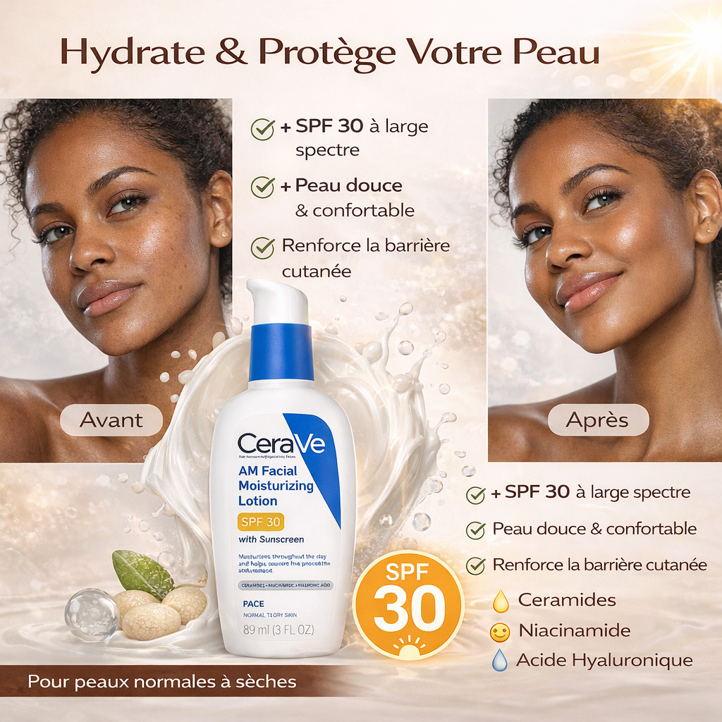 CeraVe AM Facial Moisturizing Lotion SPF 30 – Hydratant Visage avec Protection Solaire – 89ml