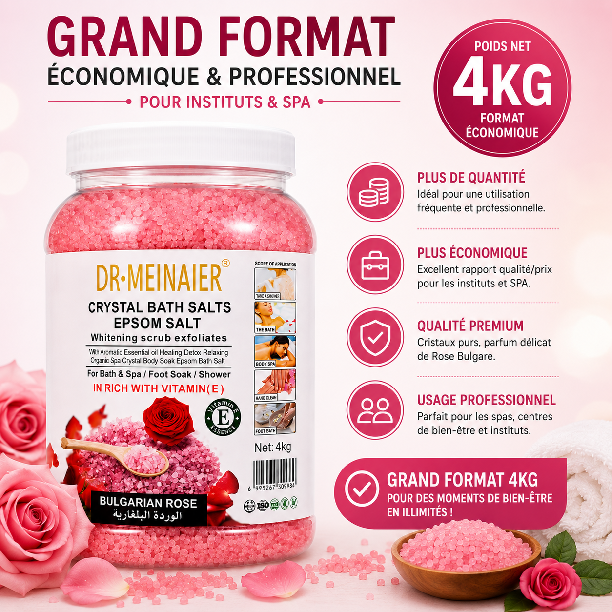 Sel de Bain Epsom Cristallin Rose Bulgare 4Kg – Bain Relaxant Corps, Mains et Pieds SPA Professionnel