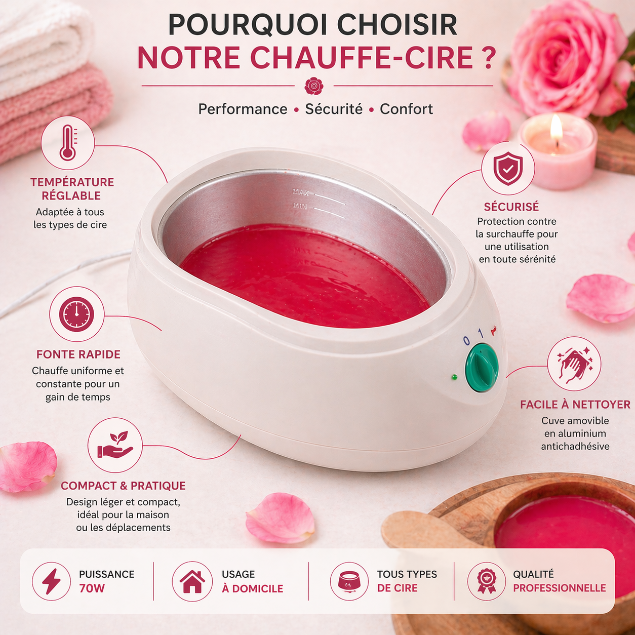 Paraffine WAX Cosmétique Rose 450g – Soin Hydratant Mains & Pieds Spa