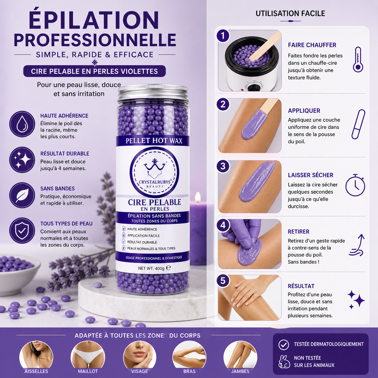 Cire Pelable en Perles Violettes – Épilation Sans Bandes Usage Professionnel