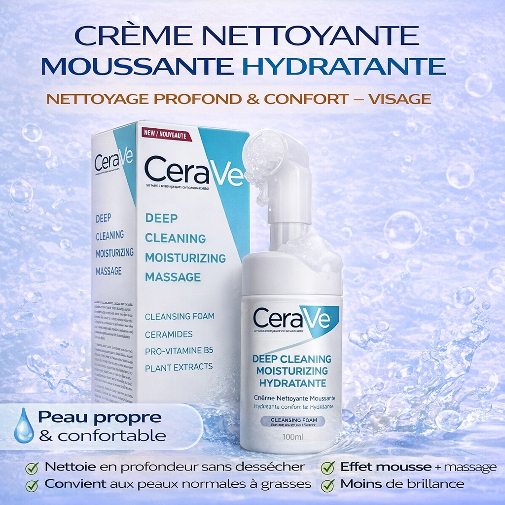 CeraVe Crème Nettoyante Moussante Hydratante – Nettoyage Profond & Confort – Visage