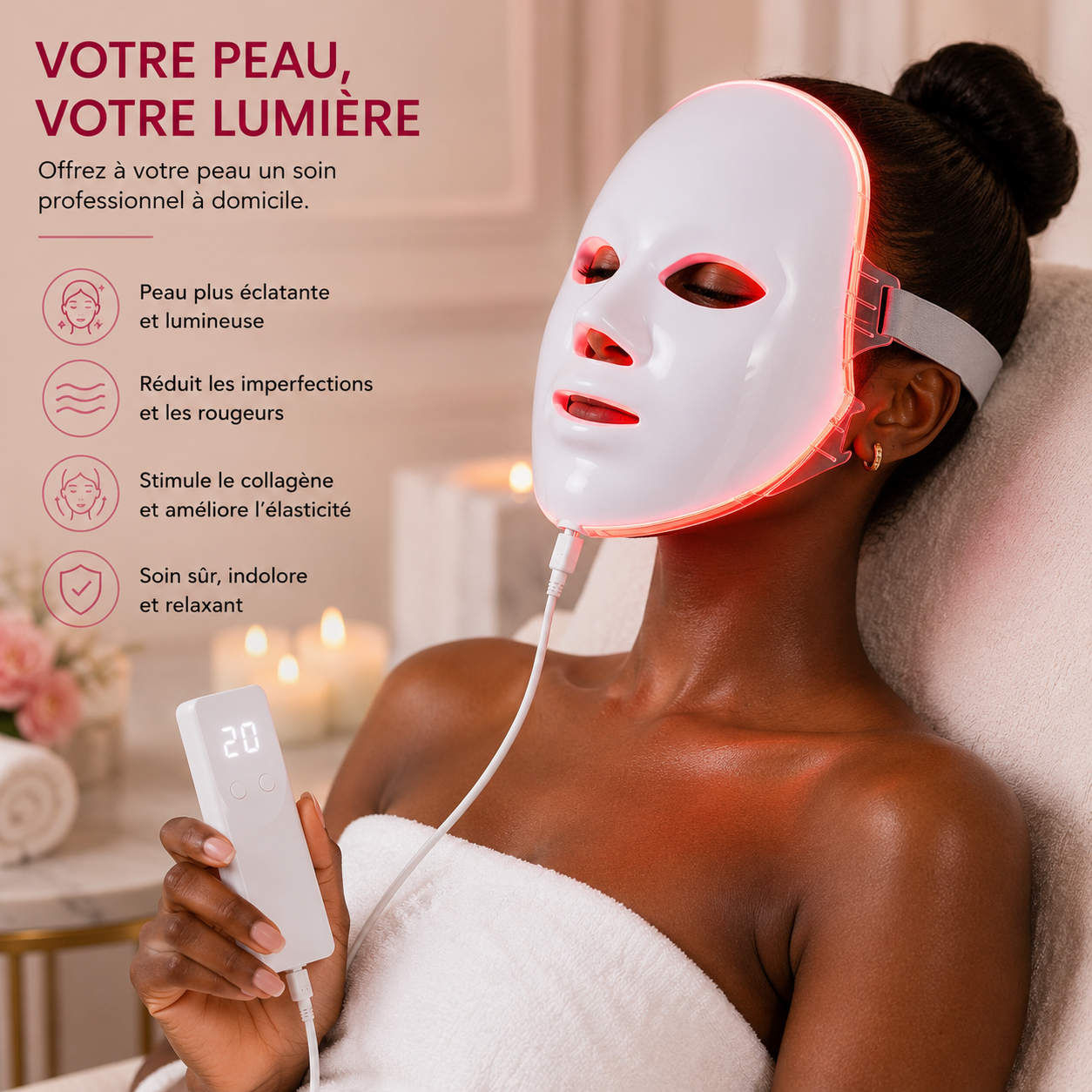 Masque LED Visage 7 Couleurs – Luminothérapie Anti-Âge avec Télécommande
