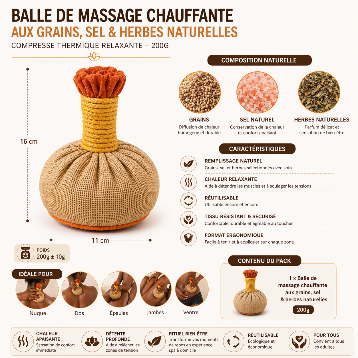Balle de Massage Chauffante aux Grains, Sel & Herbes Naturelles – Compresse Thermique Relaxante 500g