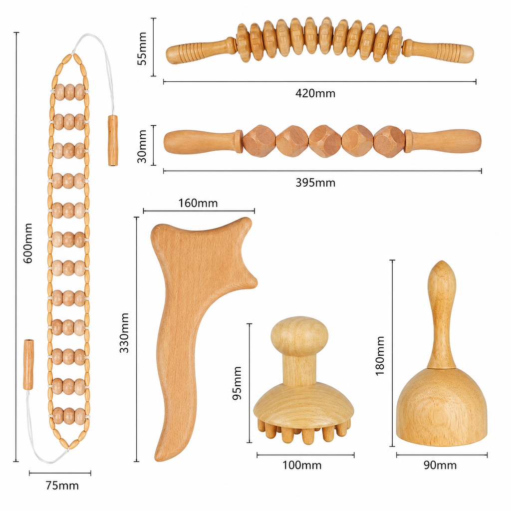 Kit De Madérothérapie 6 Pièces – Outils De Massage En Bois Naturel Pour Corps, Drainage & Relaxation